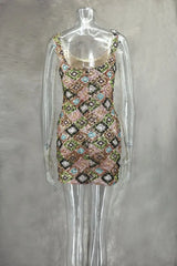 Colorful Rhombus Sequins Sexy Mini Dress Elegant Chic Straps Slit Bodycon Party Dresses Summer Holidays Evening Women Dress 2025