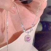 Luxurious Square Pink Zircon Pendant Necklace For Women Fashionable Personalized Daily Accessory Party Jewelry Birthday Gifts