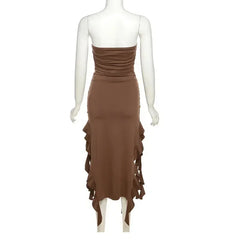 Cryptographic Irregular Ruffle Off Shoulder Sexy Backless Midi Dress for Women Elegant Birthday Vestido Summer Sundresses Ruched