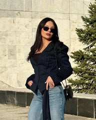 Tossy Elegant Female Striped Suit Coat For Women Scarf Lace-Up Patchwork V-Neck Long Sleeve Luxury Outwear Female Jackets Coat