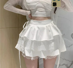 Y2K Sweet Solid Women Mini Skirt Summer High Waist Lace Patchwork Ladies Ball Gown Fashion All Match Ruffles Female Skirt
