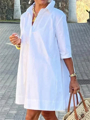 Urban Female Fashion Solid Color Lapel Mini Dresses New Summer Half Sleeves Loose Casual Office Commute White Dress