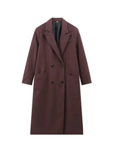 TRAF Women Fashion Solid Color Wool Lengthened Coat Elegant Warm Street Coat Autumn and Winter Retro Pocket Double-Breasted Coat