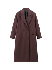 TRAF Women Fashion Solid Color Wool Lengthened Coat Elegant Warm Street Coat Autumn and Winter Retro Pocket Double-Breasted Coat