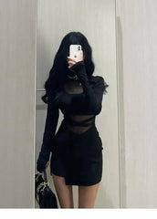 Pile Up Sleeves New Sexy Black Fishbone Dress Personalized Slim Women Dress Thin Gauze Perspective Wrap Around Buttocks F8Q3