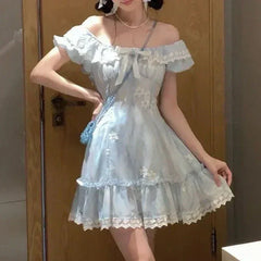 Lolita Kawaii Y2k Colorful Dot Print Dress Women Sweet Sleeveless Mini Dress Outwear One Piece Dress Korean Fashion Clothing