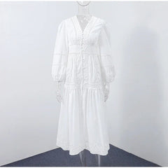 Elegant Lace Patchwork Hollow Out Dress Women Solid V-neck Long Lantern Sleeve Loose Dresses 2025 Spring Vacation Lady Robes