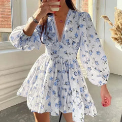 Spring Women's New Temperament Sweet Fashion Print Sexy V-neck Lace Lantern Sleeves High Waist Short A-line Dress