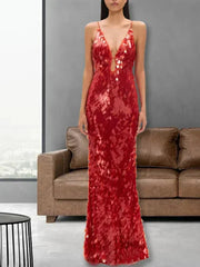 Sexy Women Maxi Dresses Elegant Sequins Sleeveless Female Long Dress Fashion Solid Deep V Neck Ladies Party Robe Dress