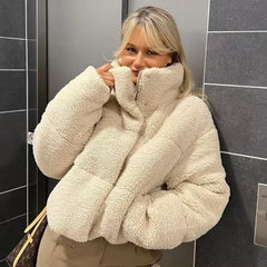 PB&ZA2023 Autumn and Winter New Women's Lamb Wool Short Cotton Coat Standing Collar Thickened Warm Bread Coat Cotton Coat