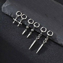 Punk Men's Huggies Earrings,Vintage Long Chain Stainless Steel Ear Drop,Stylish Cross Earring Gift