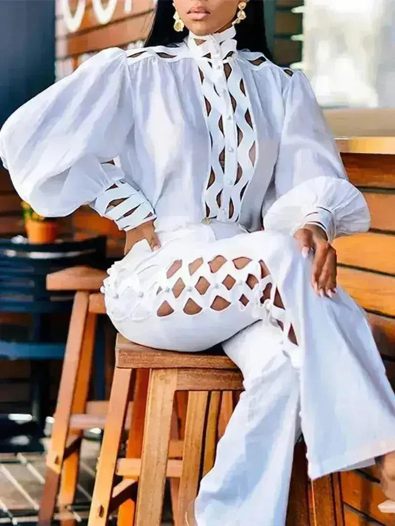 Two Piece Pants Sets Sexy Hollow Out Women Autumn Clothing Stand - Femstylo