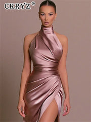 Ladies Summer Satin Evening Birthday Party Dresses Women Sleeveless Backless Halter Side Slit Elegant Long Dress Mowan Clothes