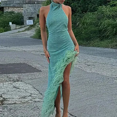 Sexy Sleeveless Hollow Irregular Long Dress Fashion Backless Slim Fit Party Dress Lady Elegant Feather Patchwork Suspender Dress