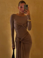 Tossy Female Pleated Sexy Maxi Dress Patchwork Twist Slim Long Sleeve Solid Y2k Autumn Streetwear Dress Women's Bodycon Dress