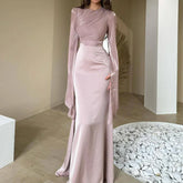 Elegant Satin Maxi Dress | Batwing Sleeve Evening Gown - Femstylo