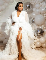 Maternity Gown for Baby Shower Dressing Gown Perspective Sheer Skirt Long Tulle Bridal Robe Puffy Sleepwear for Women Nightwear