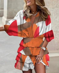 Women Fall V-Neck Loose Batwing Hafl Sleeve Print Dress Fashion Elegant Lace-up Ruffle Beach Mini Dresses Casual Streetwear 2024