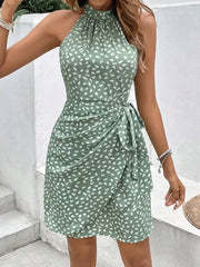 Women's Summer Fashion Hanging Neck Zipper Sleeveless Floral Pleated Short Dress Sexy Off Shoulder Lace-Up Mini Dress Vestidos