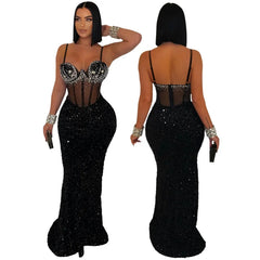 Long Dress Women Sexy Party Dresses Sling Bodycon Vestidos Streetwear Club Sequin Hot Drilling Elegant High Waist Y2k Evening