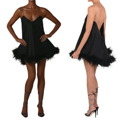 Combhasaki Women Solid Color Feather Trim V-Neck Chain Spaghetti Straps Sling Mini Dress Summer Sleeveless Backless vestido