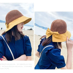 Summer Women Bucket Hat UV Protection Sun Hats Soft Foldable Wide Brim Outdoor Beach Hat Panama Cap Ponytail Cap