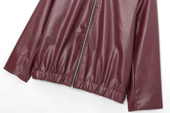 TRAFZA Wine Red Faux Leather Jakcet Fashion Outerwear Thicken Zipper Lapel Pu Coats Autumn Winter Streetwear Ladies Tops Women