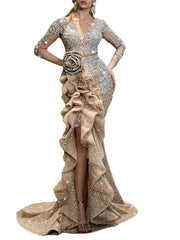 Women Elegant Luxurious Gold Sequins Evening Dress Sheer Sleeve Round Neck Ruffle Irregular Sexy High Split Wedding Maxi Dresses