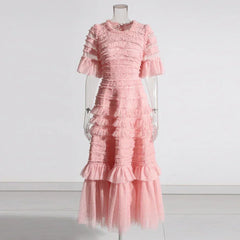 Patchwork Edible Tree Fungus Elegant Dresses For Women Round Neck Short Sleeve High Waist Temperament Dress Female Fashion