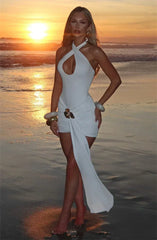 Mozision Metal Flower Draped Ruched Sexy Mini Dress Women Robe Fashion Halter Backless Sleeveless Bodycon Club Party Dress New