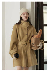 CHIC VEN Korean Women Woolen Coat Single Breasted Loose Stand Collar Belt Long Double-sided Ladies Overcoat Autumn Winter 2024