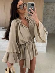 Elegant Fold Dress Women Brown Deep V-neck Long Sleeve Mini Dresses Female 2025 Spring Summer Fashion Loose Lady Vestidos
