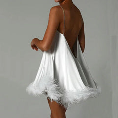 Combhasaki Women Solid Color Feather Trim V-Neck Chain Spaghetti Straps Sling Mini Dress Summer Sleeveless Backless vestido