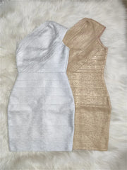 High Quality Celebrity One Shoulder Foiling Gold Print Rayon Bandage Dress Elegant Club Party Dress Vestidos