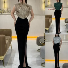 Lady Fashion Sleeveless Draped Split Dress Casual O Neck Sequin Splicing Party Dress 2025 New Year Elegant High Waist Long Dress