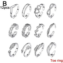 12pcs Adjustable Toe Rings For Women Girls Simple Beach Open Toe Set Cute Heart Feather Summer Toe Foot Jewelry