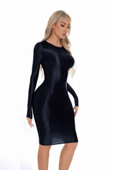 Sexy Women Oil Glossy Shiny Tight Pencil Dress Stain Smooth Bodycon Dress Elastic Push Up Packet Hip Stretch Step Dress
