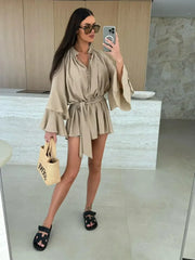 Elegant Fold Dress Women Brown Deep V-neck Long Sleeve Mini Dresses Female 2025 Spring Summer Fashion Loose Lady Vestidos