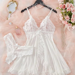 Sexy Lingerie Set Women Erotic Bra Nightdress Sexy Lace Sleepwear Solid Slim Soft Dresses V Neck Full Slip Sleepwear & Dresses