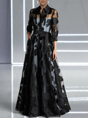 Elegant Three-Quarter Sleeve Knotted Waist Jacquard Mesh Maxi Dress for Women No Lining Transparent Club Party Long Dress