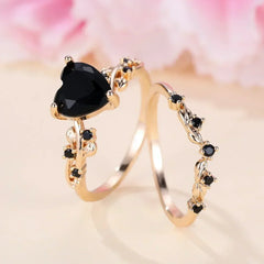 Heart Shaped Ring Set Green Black Red Stone Heart Ring Sets for Women Rose Gold Color White Zircon Wedding Bands Jewelry