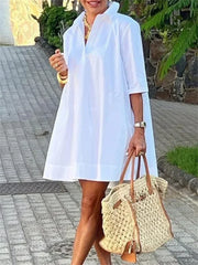 Urban Female Fashion Solid Color Lapel Mini Dresses New Summer Half Sleeves Loose Casual Office Commute White Dress