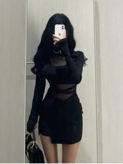 Pile Up Sleeves New Sexy Black Fishbone Dress Personalized Slim Women Dress Thin Gauze Perspective Wrap Around Buttocks F8Q3