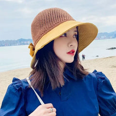 Summer Women Bucket Hat UV Protection Sun Hats Soft Foldable Wide Brim Outdoor Beach Hat Panama Cap Ponytail Cap
