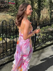 Weird Puss Flower Print Dress Woman Summer Strapless Splits Irregular Tassel Patchwork Backless Bandage Party Skinny Vestidos