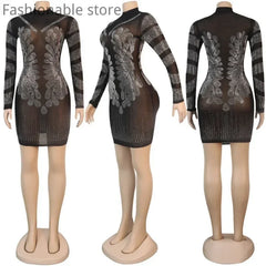 Women Sexy Solid Color Sheer Mesh Rhinestone Design Bodycon Nightclub Party Dress