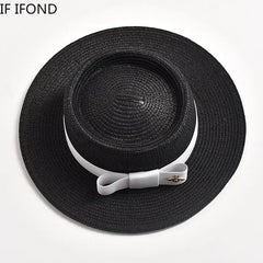 NEW Spring Summer Straw Hats for Women Round Bumpy Surface Flat Top Bowknot Dress Cap Travel Beach Sun Hat Gorra