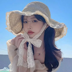 Summer Women's Lace Straw Beach Hat Foldable Sun Hat with Wide Brim Fresh Stylish Sunblock Shade Hat Perfect for Travel Holiday