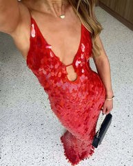 2025 Glitter Sequins Spaghetti Straps Women's Evening Dress Sleeveless Backless High Waist Floor Length Lady Birthday Party Gown