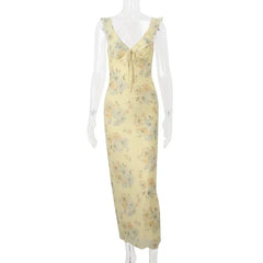 Yellow Floral Maxi Dress | Retro V-Neck Summer Party Gown -femstylo